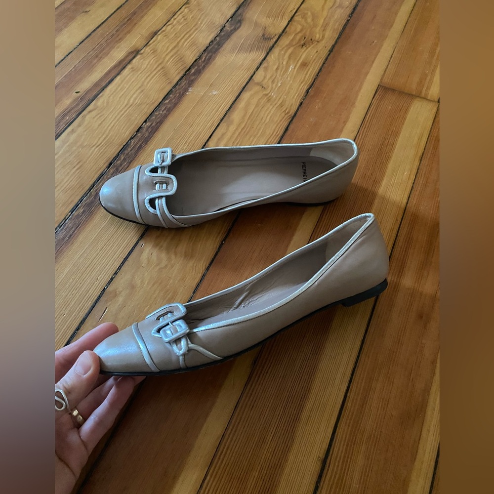 Pierre Hardy beige tan leather almond toe flat loafers eith buckle